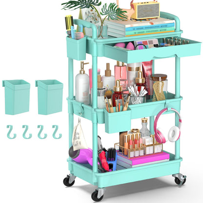 Goovilla 3 Tier Rolling Utility Cart Organizer with Removable Drawer, Stable and Sturdy Black Rolling Storage Carts with 2 Lockable Wheels for Bathroom, Kitchen, Snack, Craft, Makeup, Baby Essentials