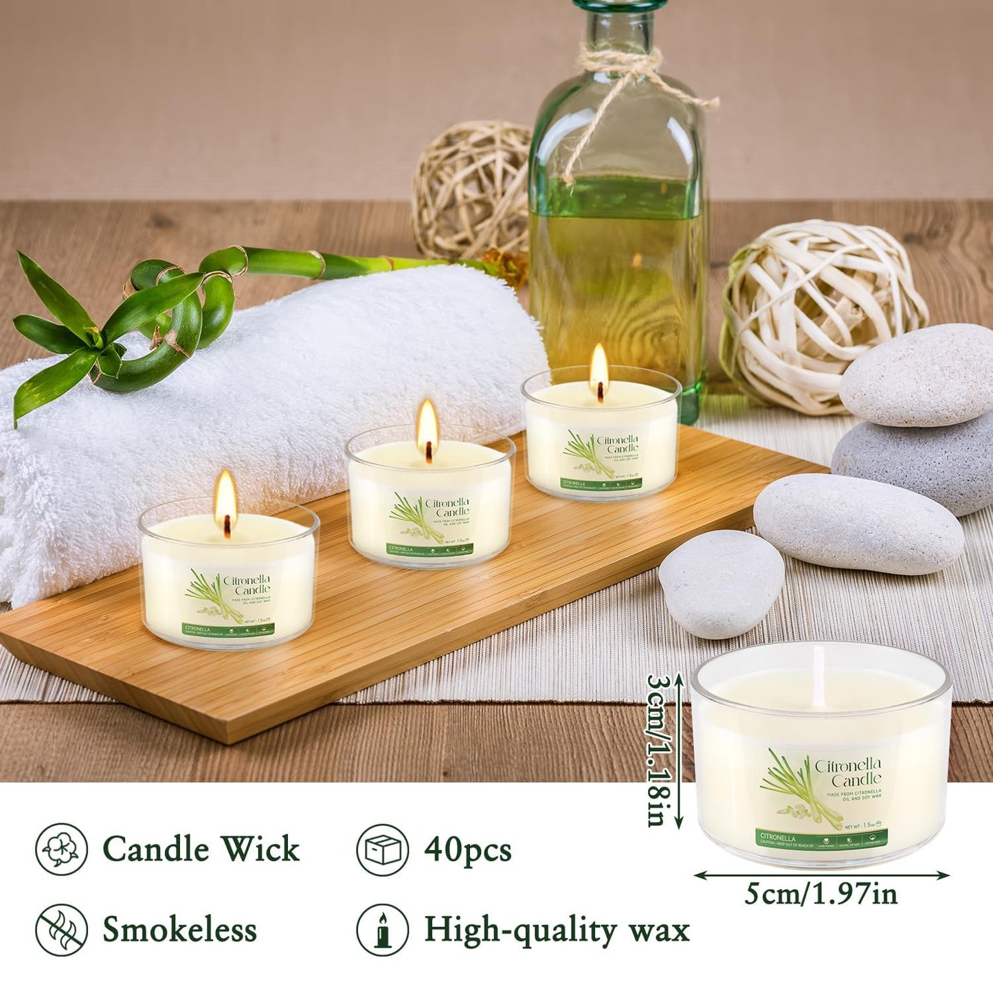40 Pack 1.5oz Citronella Candles Bulk, Small Soy Wax Candles Bulk, Mini Portable Candles for Outdoor Patio Yard Home Wedding Party Camping Travel