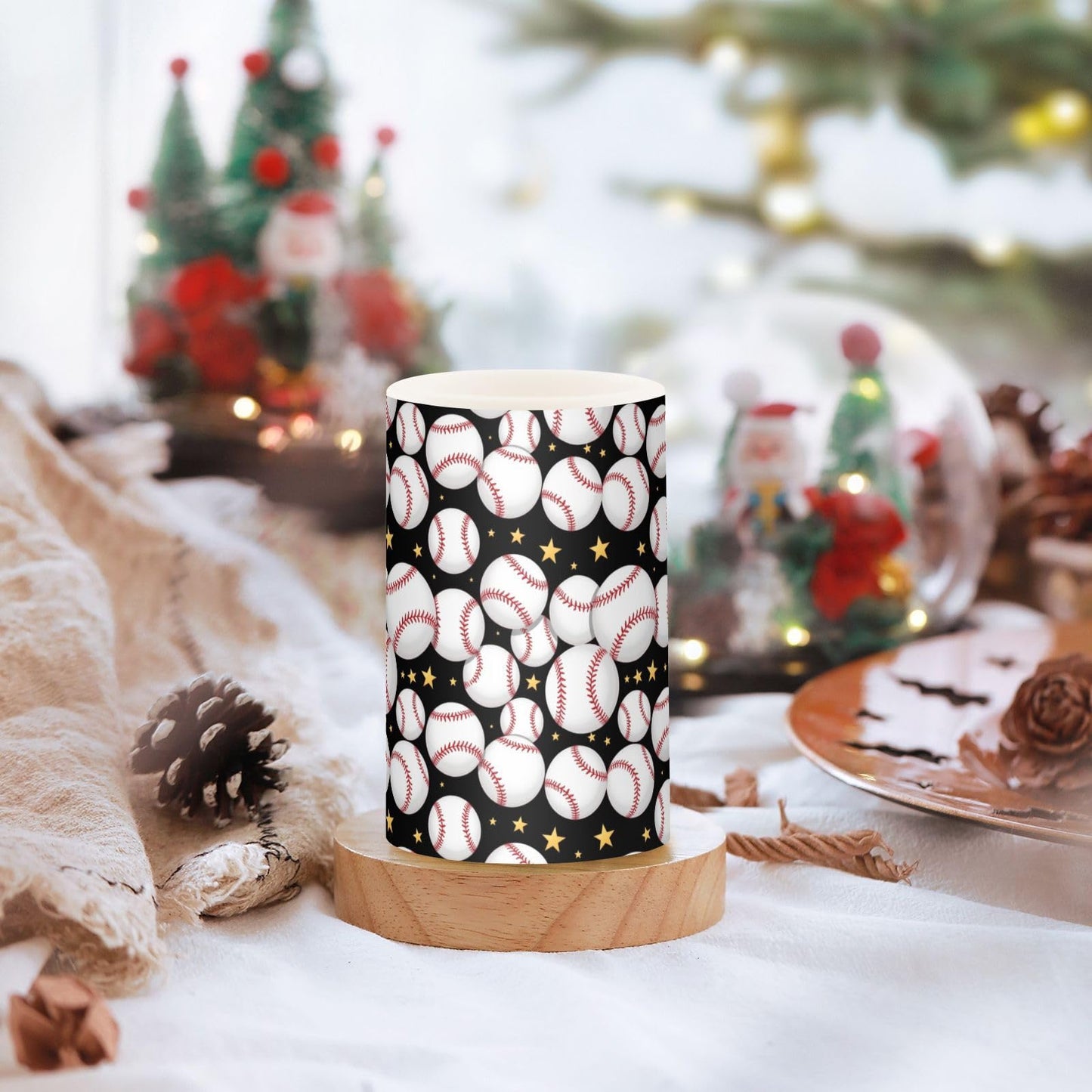 Pigsaly Flameless Candles Battery Operated Black Line Strip Baseball Softball Ball Flickering Led Pillar Candles with Remote Control Colour Changing Warm Light Candles for Halloween Christmas Weddin