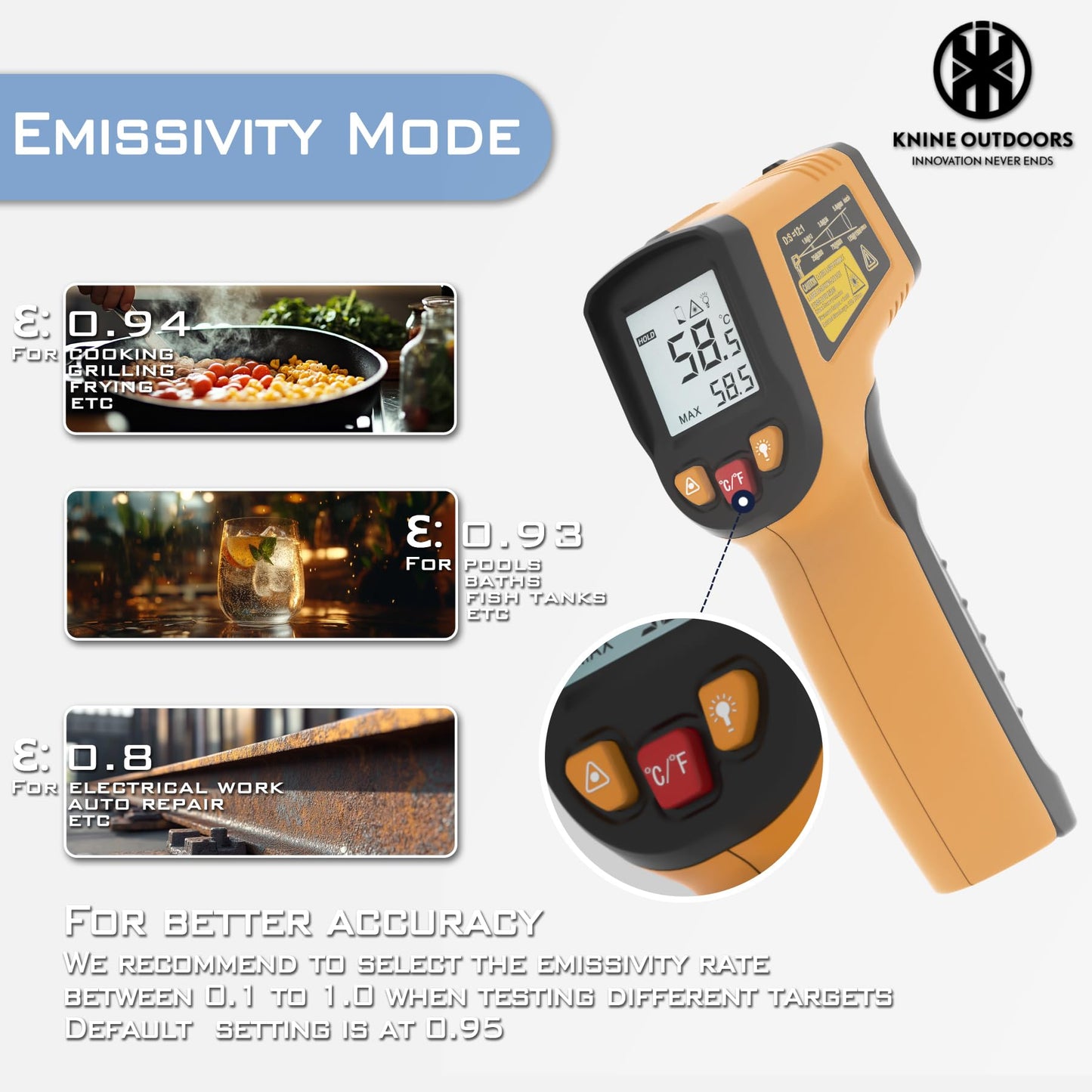 KNINE OUTDOORS Infrared Thermometer Laser Temperature Gun, -58℉ to 1112℉, Single Laser Targeting, Distance to Spot Ratio 12:1, for Cooking, Oven and Meat (Orange)