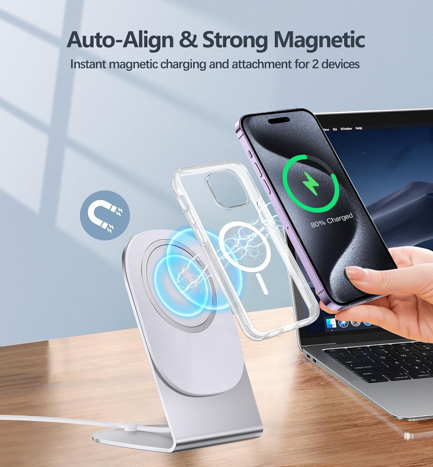 Magnetic Wireless Charger Mag-Safe Charger for iPhone 17/16/15/14/13/12 Series Convertible Magnet Wireless Charging Stand/Pad with 5ft Cable for iPhone and AirPods 2/3/Pro 2/Pro