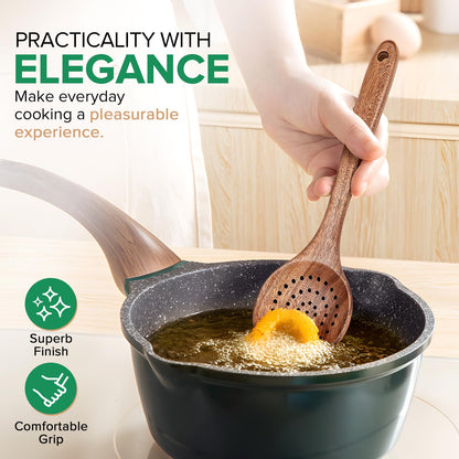 Wooden Cooking Utensil, Teak Slotted Spoon for Cooking, Natural Wood Colander Ladle Spoon with Holes, Long Handle Teak Skimmer Strainer Spoon with Teeth for Straining Draining Egg Meat Noodles,11.2″