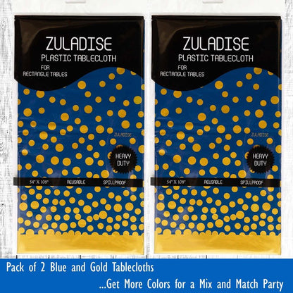 ZULADISE 2 Pack Premium Blue and Gold Plastic Tablecloths – Thick, Durable, Reusable Table Covers (54 x 108 in) – Disposable Party Tablecloths for Birthday, Graduation and Event Decorations