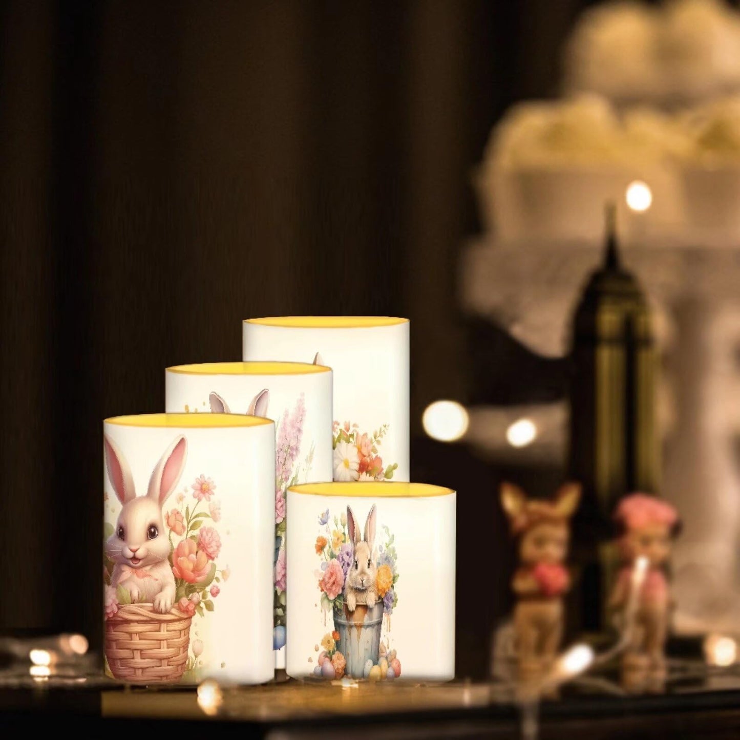 NETILGEN Happy Easter Day Decor Flameless Electric Candles Pillar Candles Lamps with Remote Timer Control Long Lasting for Home Party Decoration Pack of 4, Easter Floral Bunny