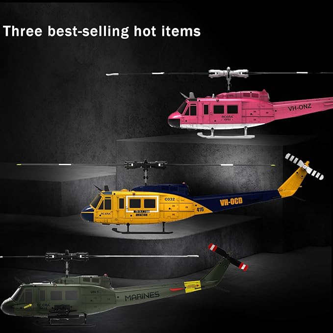RC ERA C032 UH-1 Huey Helicopter - Remote Control Helicopters for Adult 1/48 Sacle 2.4G 6CH Gyro Stabilized Aircraft with Altitude Hold &amp Optical Flow3D Stunt Drone (Green)