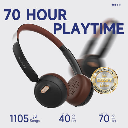 SUNJOM Sirius Over-Ear Noise Cancelling Headphone 70H Playtime Wireless ANC/ENC Bluetooth Retro On Ear Hybrid Headphones Lightweight with Built-in Microphone for Kids Students Sports Gym-Black