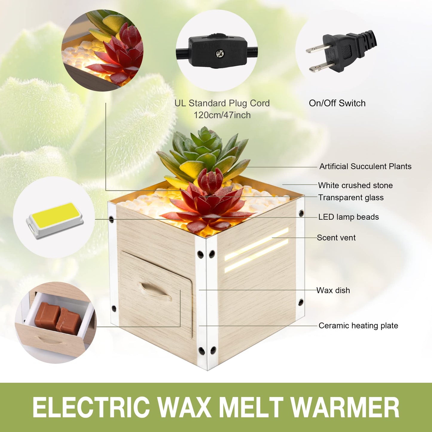 gengxinda GXD Artificial Succulent Plants Wax Melt Warmer, Electric Wax Warmer with Translucent Glass, Flameless Fragrance Warmer for Scented Wax, Home Office Decor & Birthday Gifts for Women