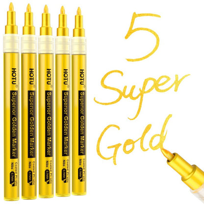 HOTU 5 Pack Super Gold Paint Markers - Metallic Gold Acrylic Paint Pens Glitter Extra Fine Tip 0.7mm for Black Paper,Wood, Rock Painting, Glass, Fabric