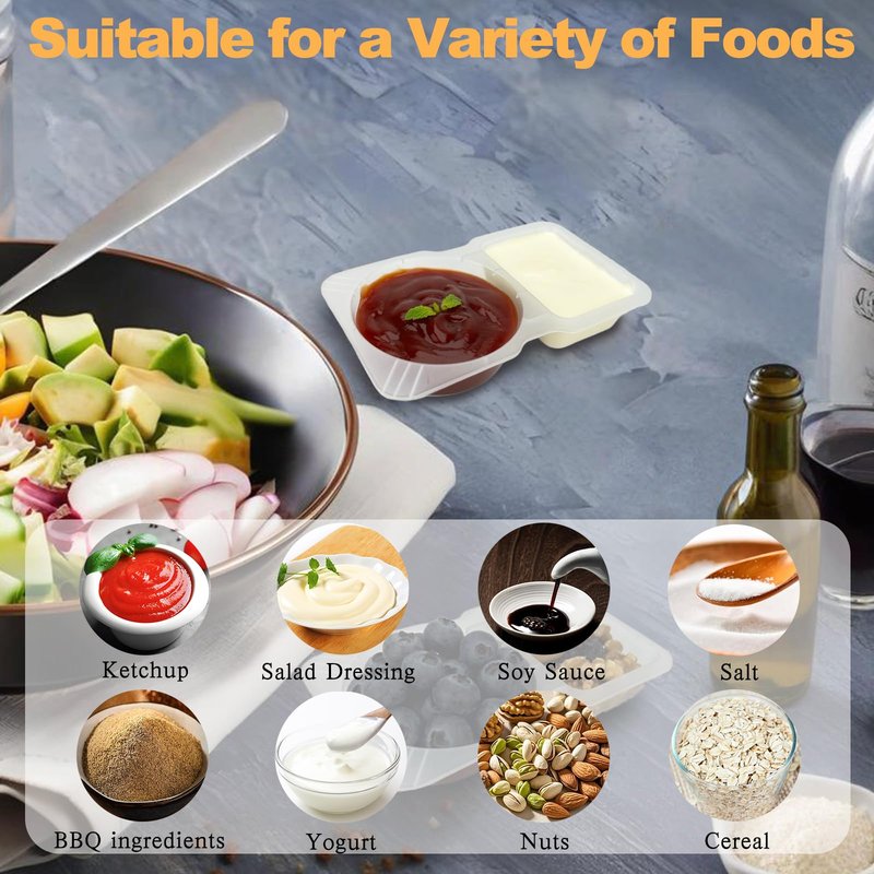 BIRDDIE 30 PCS Disposable Double Compartment Condiment Containers with Lid - 2-in-1 Transparent Plastic Snack Box for Sauce, Spices, Meal Prep, Picnics, Camping & Travel