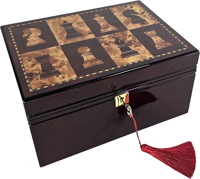 HPL Large High Gloss Cherry and Burlwood Color Locking Chess Storage Box for up to 4 3/4 inch Men Set