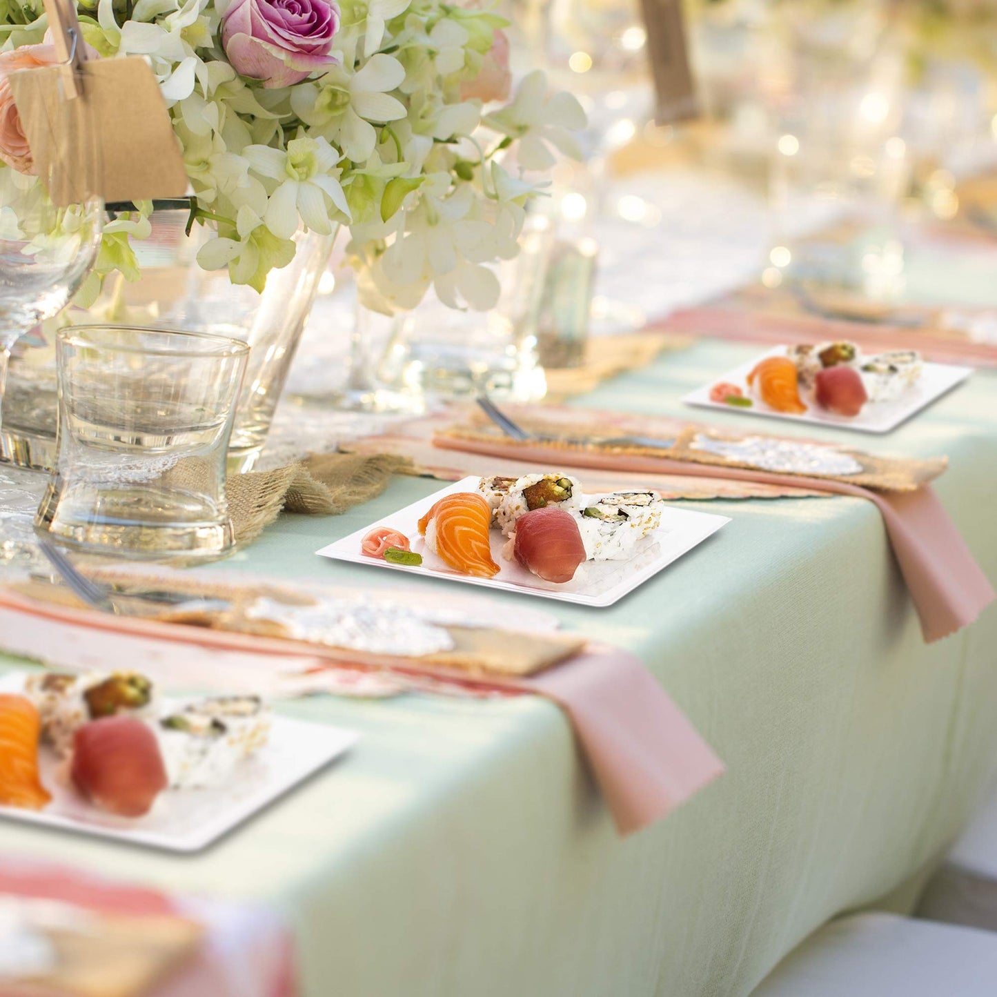 Oasis Creations Clear Square Plates Set 9" - 50 Count - Premium Hard Clear Plastic - Disposable and Reusable - Dinner - Salad - Party Plate Set - Weddings, Parties, Events & More!