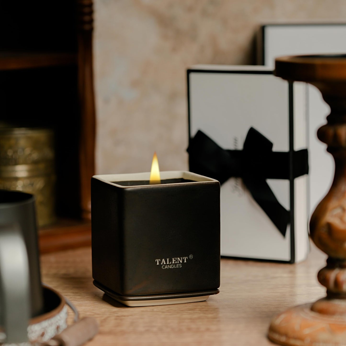 Talent Candles Scented Candles Ceramics Square Cup Long Burn Time Natural Soy Wax Candles Perfect Women & Men Birthday Gifts (Dark Leather & Oud)
