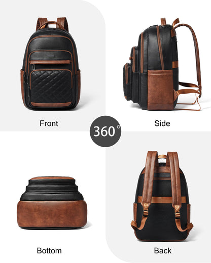 Bluome 43L Work Backpack for Women Men, Laptop Vegan Leather Backpack Purse with 15.6–17 Inch Laptop, Multi-Pocket Bookbag for Office Travel Gym Weekend Overnight Bag, Black&Brown