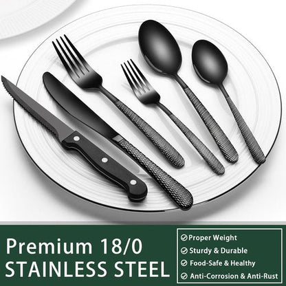 EWFEN 24-Piece Black Silverware Set with Steak Knives, Black Flatware Set for 4, Food-Grade Stainless Steel Tableware Cutlery Set, Mirror Finished Utensil Sets for Home Restaurant, Round Hammered