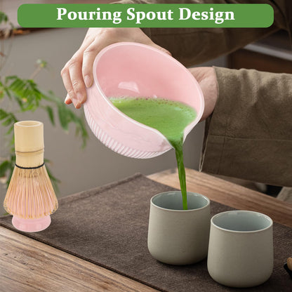 PHILORN Matcha Whisk Set, 9Pcs Ceramic Macha Kit, Matcha Set Whisk and Bowl with Spout, Whisks, Holder, Bamboo Scoop, Scoop Rest, Sifter and Tea Towel for Macha Lover (Pink)