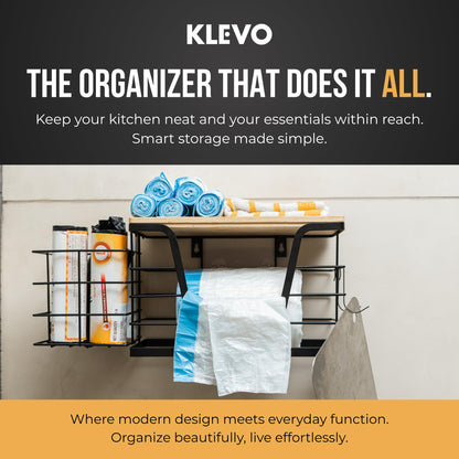 KLEVO 3-in-1 Extra Large Under Sink Trash Bag Holder – Wall Mounted Garbage Bag Dispenser with Detachable Basket & 2 Hooks – Kitchen Cabinet & Laundry Room Organization for 13/33 Gallon Trash Bags