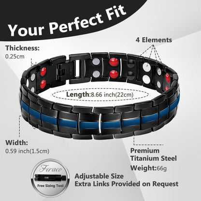 Feraco Mens Magnetic Therapy Bracelets Titanium Steel Bracelet with Double Row 4 Elements Magnets (Black & Blue)