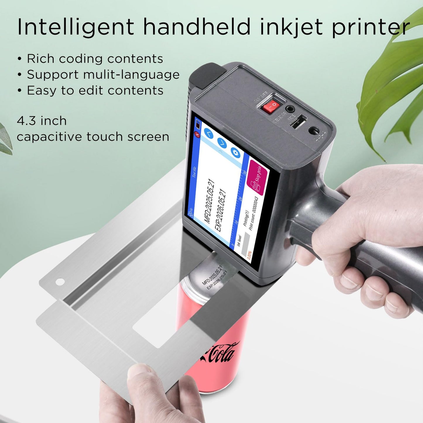 ZHONGMIN Handheld Inkjet Printer with 42ml Quick-Drying Ink Cartridge for Text/Date/Barcode/Logo, Metal Body, 4.3" Touch Screen, Print Height 0.08"-0.5", Portable Industrial Coding Machine ZM-C120L