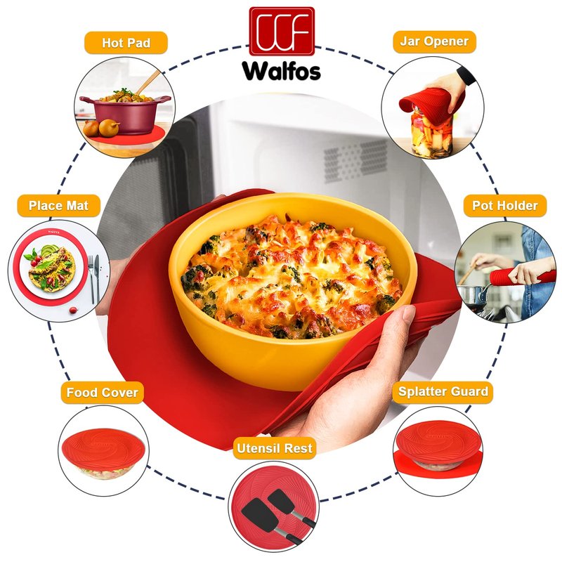 Walfos 12 10 Inch Silicone Microwave Mats, Microwave Splatter Cover for Food, Pot Holders for Kitchen, Non-Slip Heat Resistant Silicone Mats for Microwave, Oven, Hot Pan, Pot (Red)