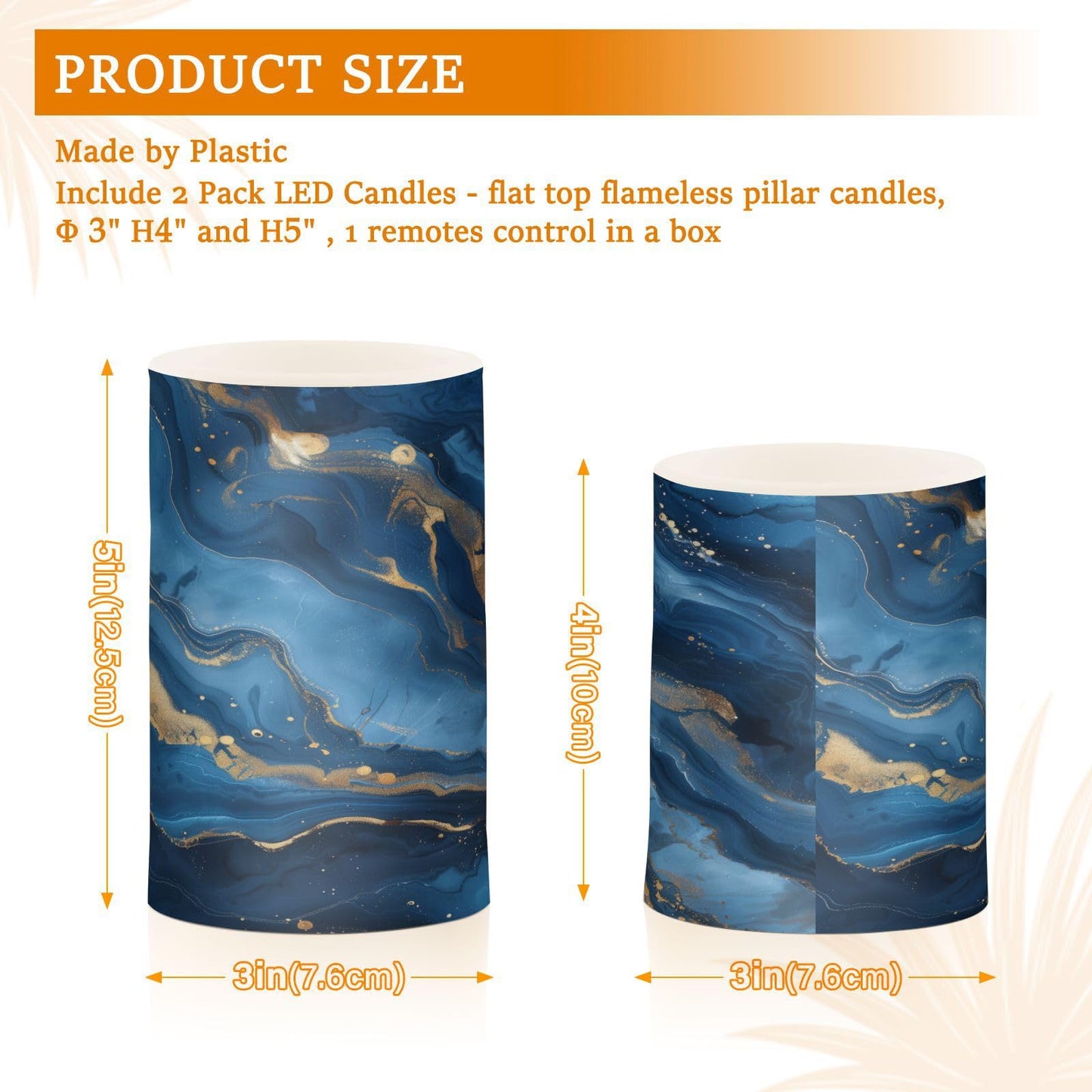 WEVIBOFU Blue and Gold Marble Flickering Flameless Candles LED Battery Operated with Remote Timer Pillar Candles for Home Birthday Wedding Christmas Decor, Set of 2