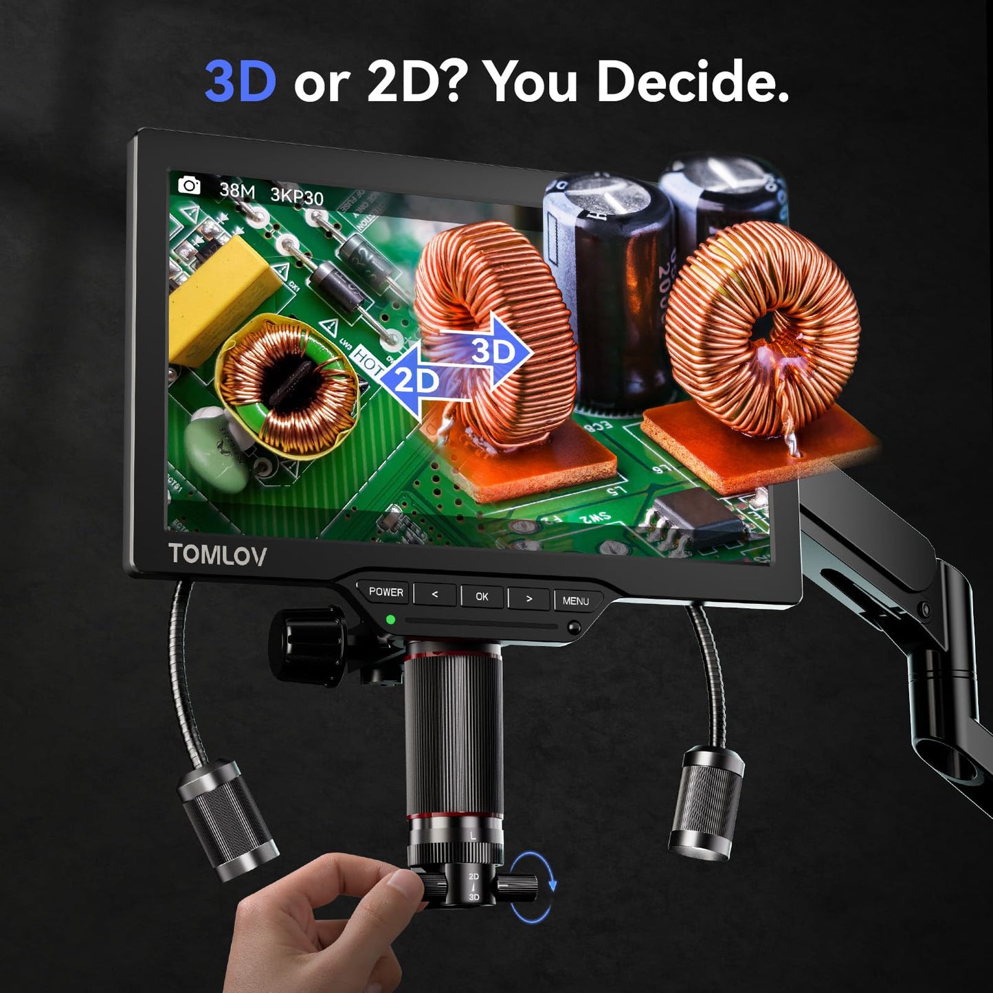 TOMLOV 3D Digital Soldering Microscope: Magnetic Dual Lens Micro Scope TM3K-3D Max For Adult, Coin Microscope with Flex Arm, 3K 10.1-Inch IPS Screen, HDMI/USB Output, Gooseneck Light, Repair Mat, 16GB