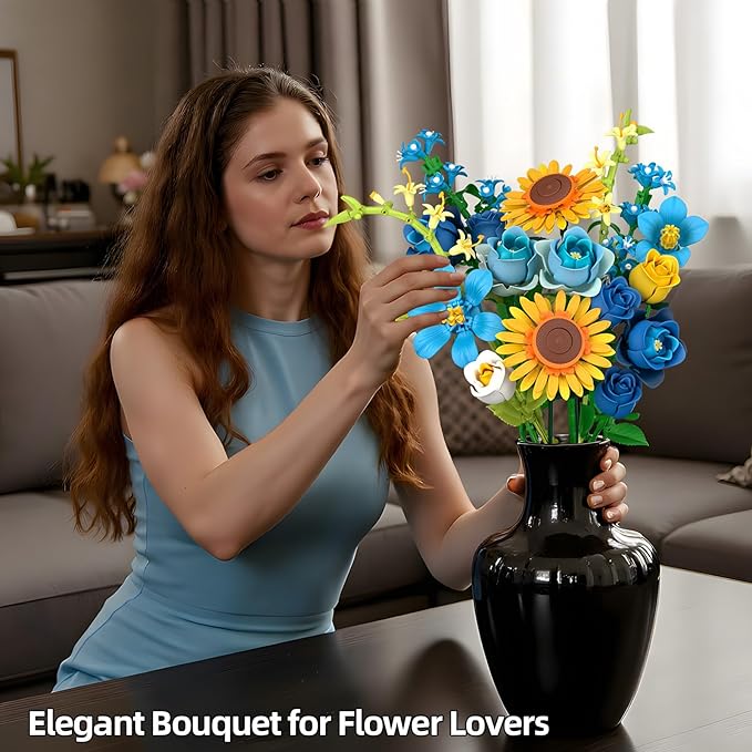 Blue Rose Flowers Valentines Gifts - Bouquet Building Set Compatible with Lego Flowers for Adults Women Van Gogh's Starry Night and Sunflowers Style Christmas Mother's Day Home Decor