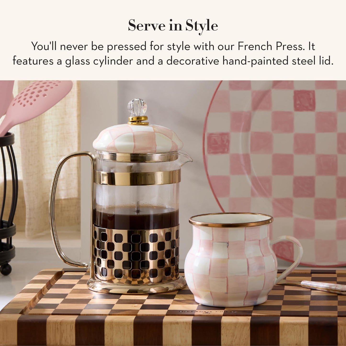 MACKENZIE-CHILDS Coffee French Press, Glass French-Press Coffee Maker, 32-Ounce Capacity, Pink-and-White Rosy Check