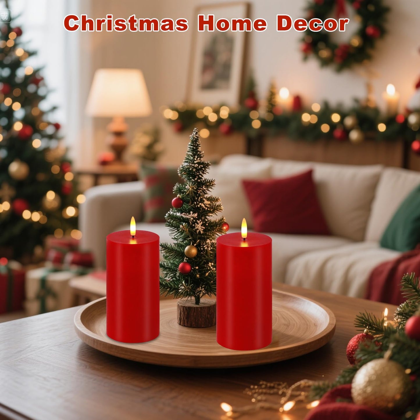 VEEKI Red Flameless Candles, Set of 2 7"x3" Flickering LED Candles with Remote & Timer, Dimmable Real Wax Electric Pillar Candles Battery Operated, Candles Light for Home Christmas Decor (Red)