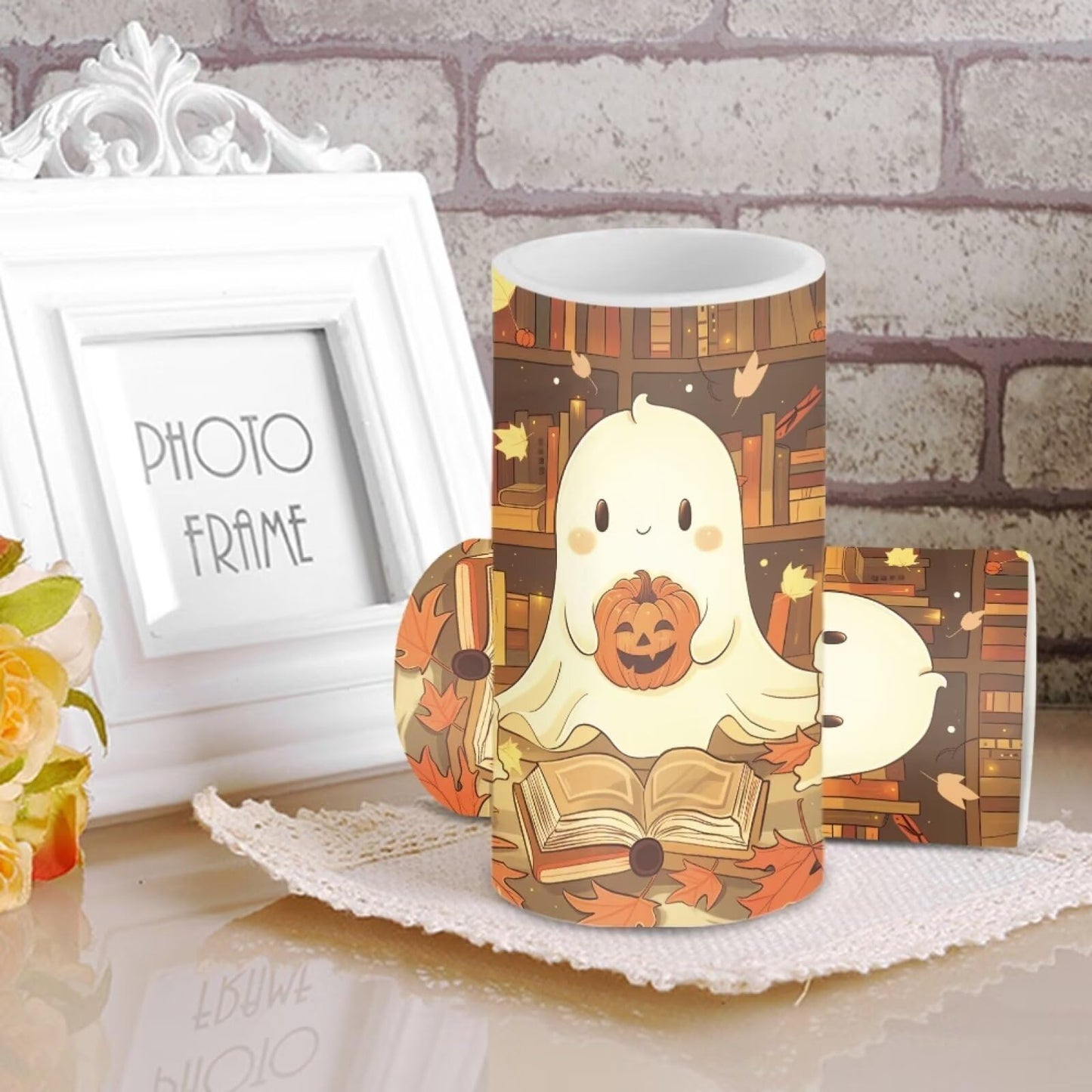 Luarisgur Ghost Pumpkin Battery Candles with Remote Control Flameless Flickering LED Candles for Autumn Thanksgiving Fall Decor Harvest Halloween Party Dining Room Table Centerpiece