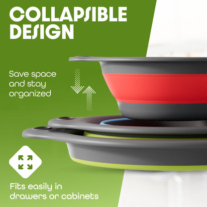 Collapsible Colanders (3 Pack Set) Food Strainers with Over-Sink Water Draining Base for Pasta Fruits and Vegetables, White (3 Sizes, 3QT, 4QT and 5 Quart)