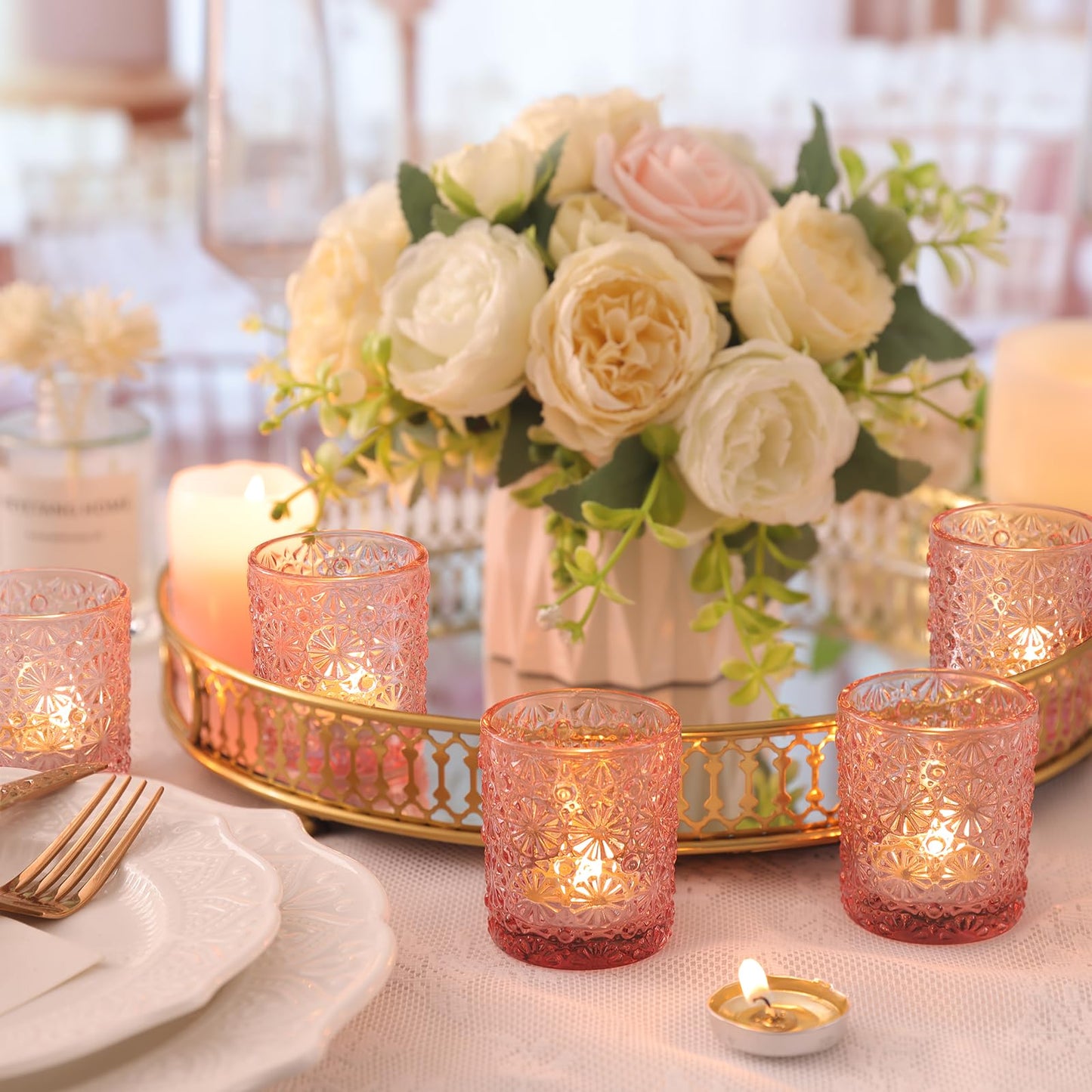 Lanttu 36 Pack Pink Votive Candle Holder, Flower Tea Lights Candles Holders for Wedding Table Centerpieces, Birthday Parties, Anniversary, Pink Bridal Shower and Holiday Decorations