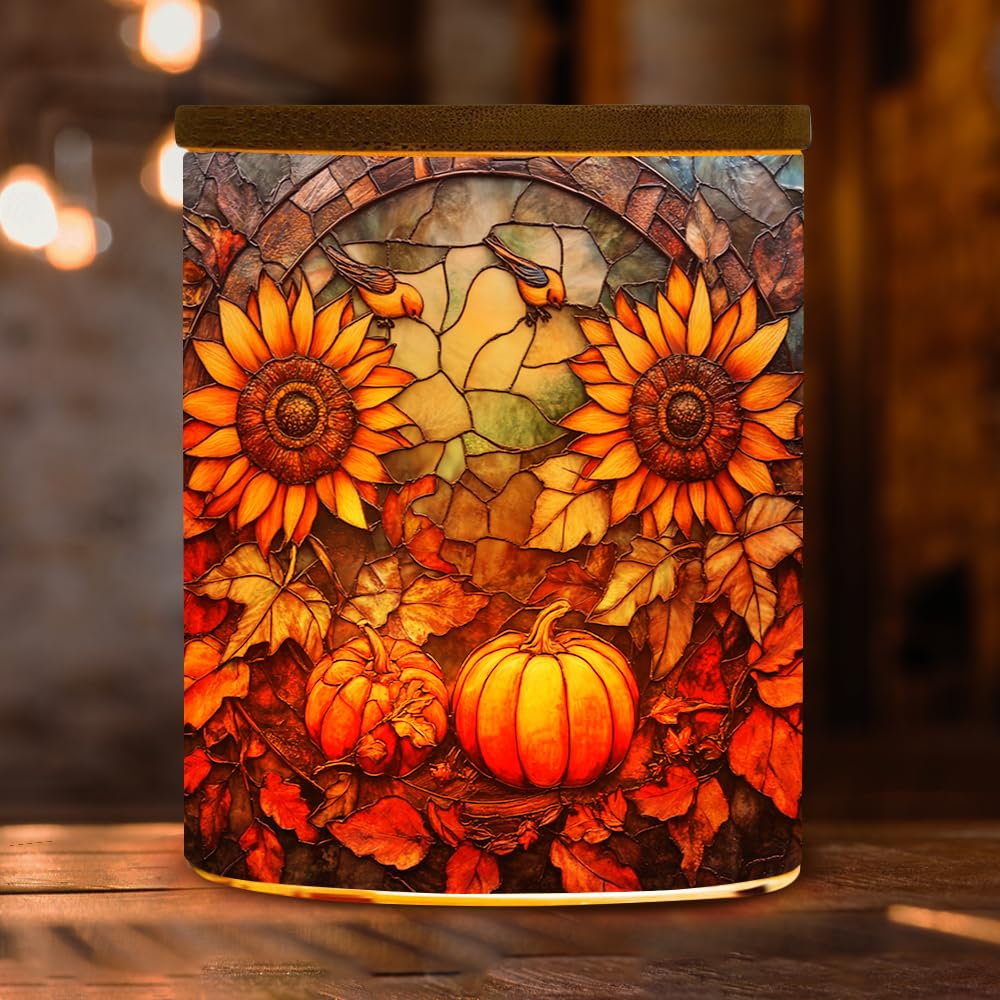 Pumpkin Sunflower Stained Glass Tealight Candle Holder, Autumn Harvest Decorations Candle Jar Tea Light Holder, Tealight Holders Candlesticks Gift for Halloween Christmas Thanksgiving, 3.5x2.8in