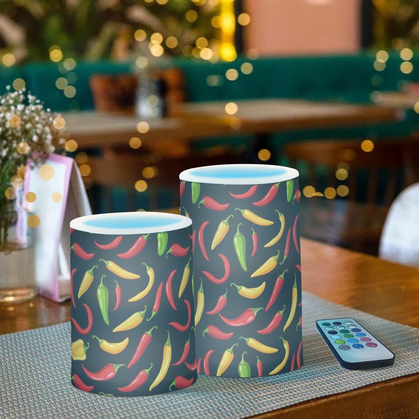 Pigsaly Flameless Candles Battery Operated Spicy Vegetables Hot Pepper Chilli Flickering Led Pillar Candles with Remote Control Colour Changing Warm Light Candles for Halloween Christmas Wedding