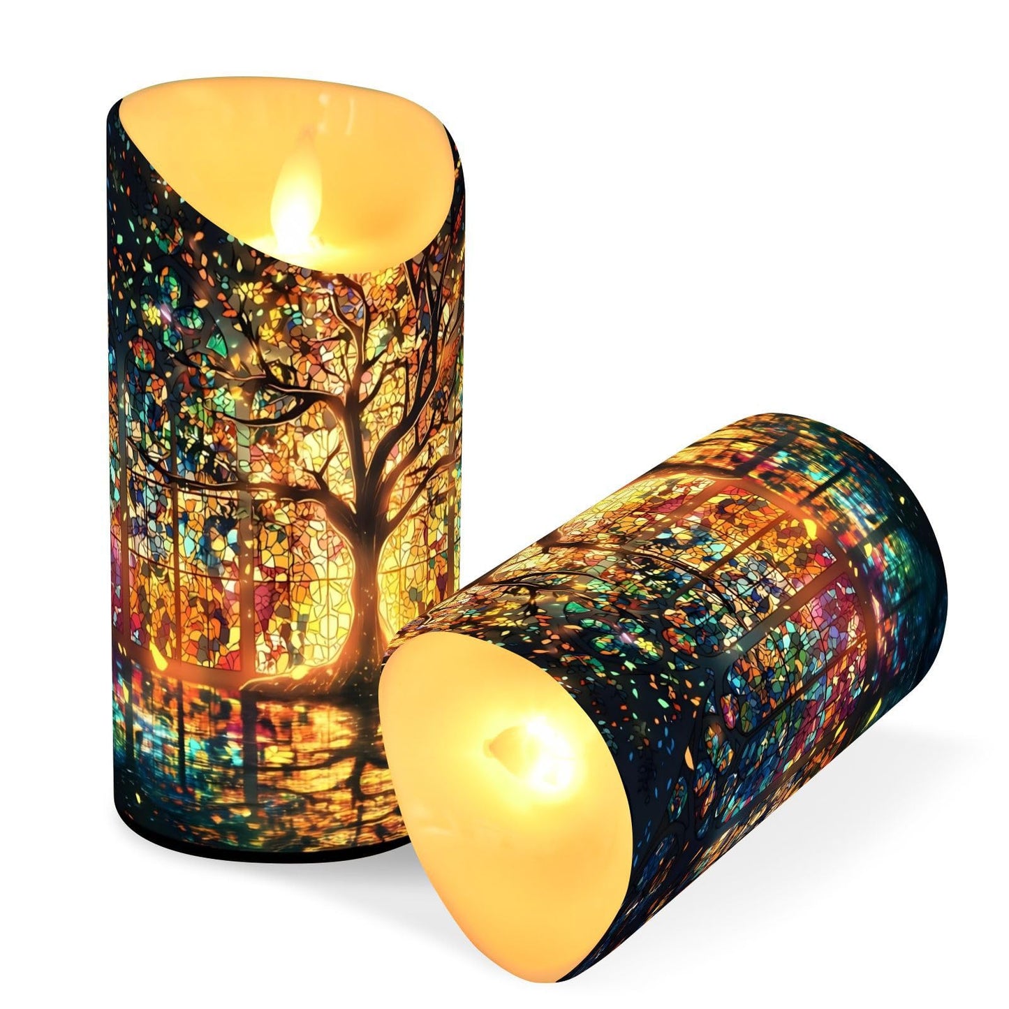 ZRYSMY Stain Glass Tree Flameless LED Candles with Remote and Timer - 5.9”x3”, 2 Pack, Battery-Operated Flickering Pillar Candles for Home Decor