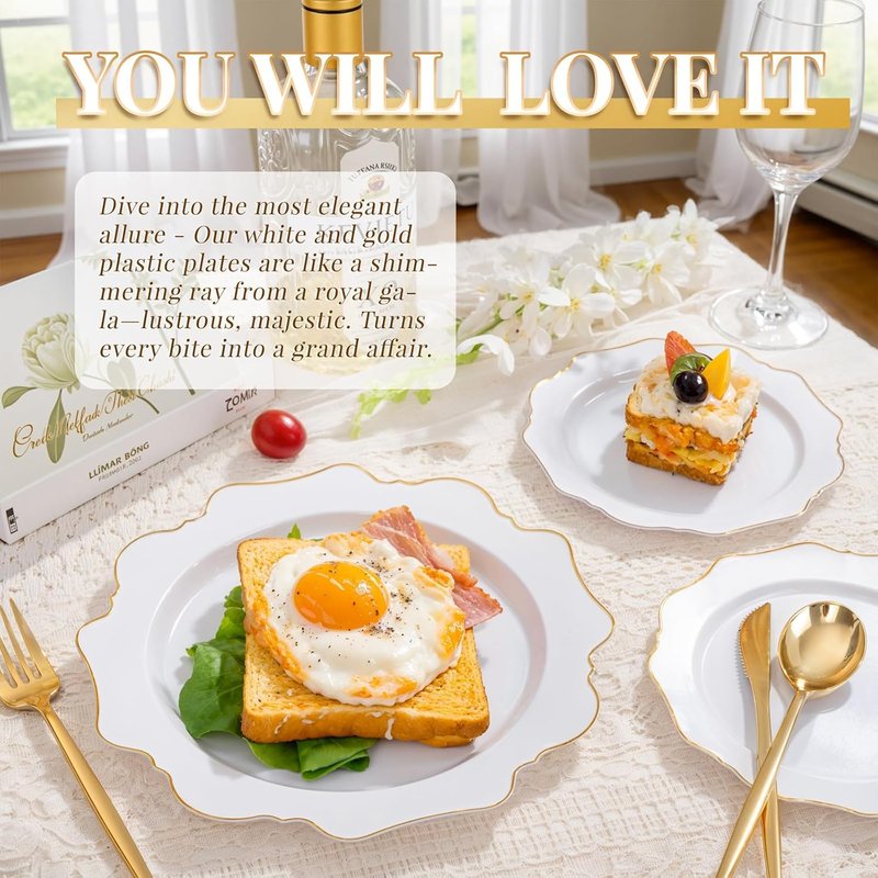 WDF 200PCS White and Gold Plastic Plates - Gold Plastic Plates - Include 100 Dinner & 100 Dessert Disposable Party Plate - Fancy Disposable Plate for Wedding/Baby Shower/Spring
