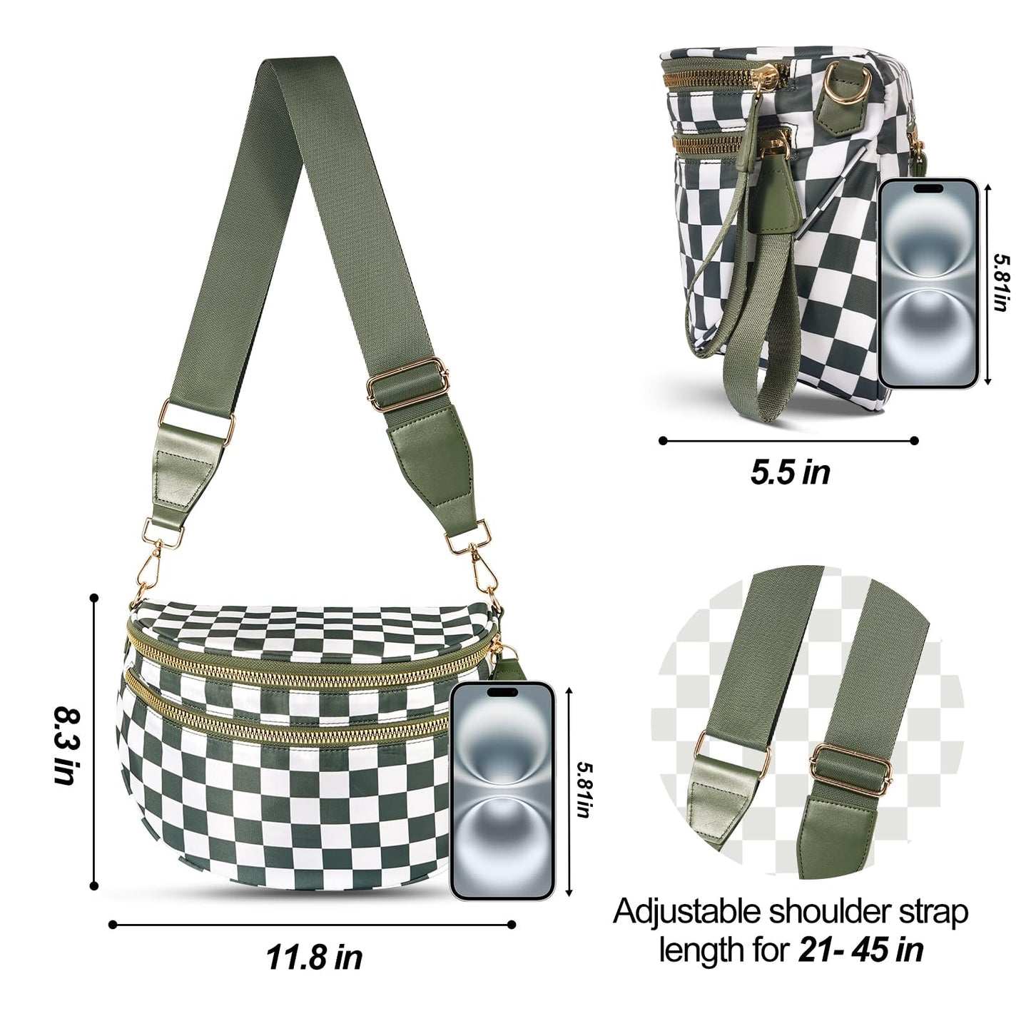 Checkered Crossbody Bag,Nylon Bum Bags for Women Crossbody,Spacious Sling Bag Purse Fanny Packs with Shoulder Strap