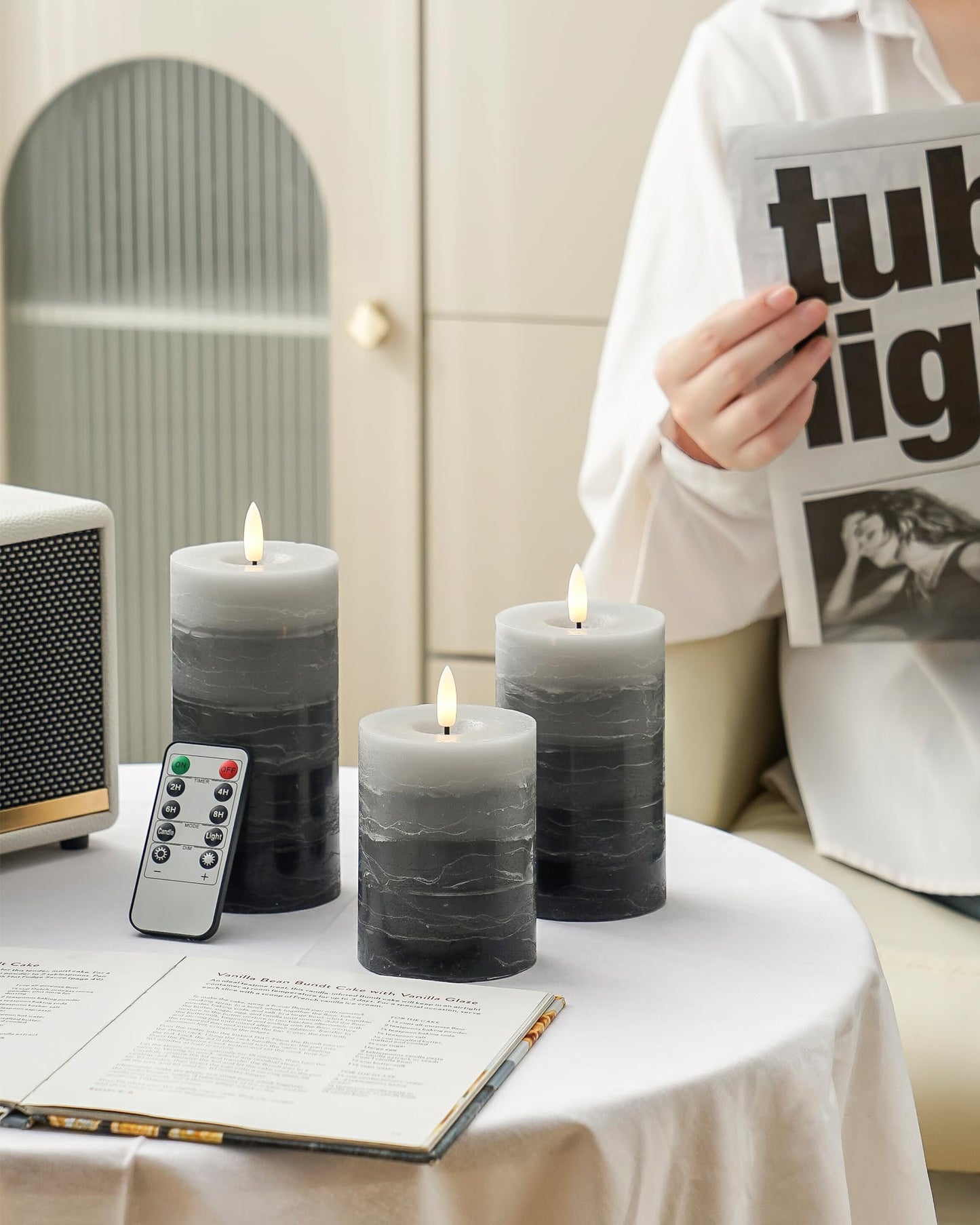 Stmarry Distressed Gradient Gray Flameless Candles with Remote and Timer, Real Wax Made LED Pillar Candles Battery Operated with 3D Flickering Flame - 3" x 4",5",6" - Set of 3