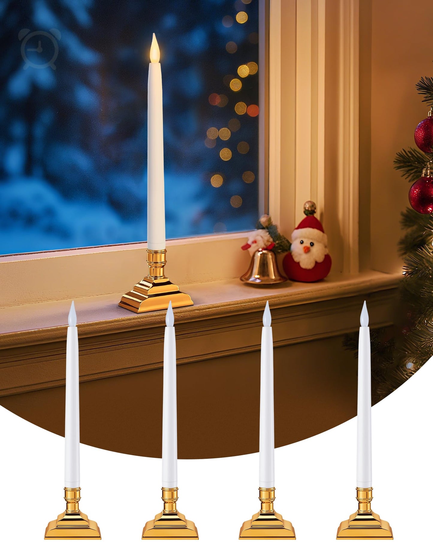 SURAIELEC 10.5'' Battery Window Taper Candles with Timer, 3000K Warm White, Flameless LED Candle for Christmas Window, Mantel, Dining Table, Gloss Gold, 4 Pack (Rechargeable Battery Not Compatible)