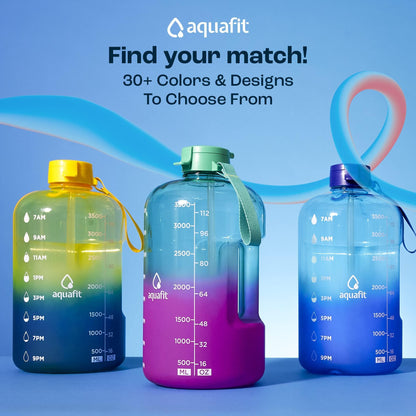 AQUAFIT 64 oz Water Bottle with Time Marker - Straw & Chug Lid - BPA Free Half Gallon Gym Water Bottle with Handle - Big Gallon Jug (Gray, 64 Ounces)