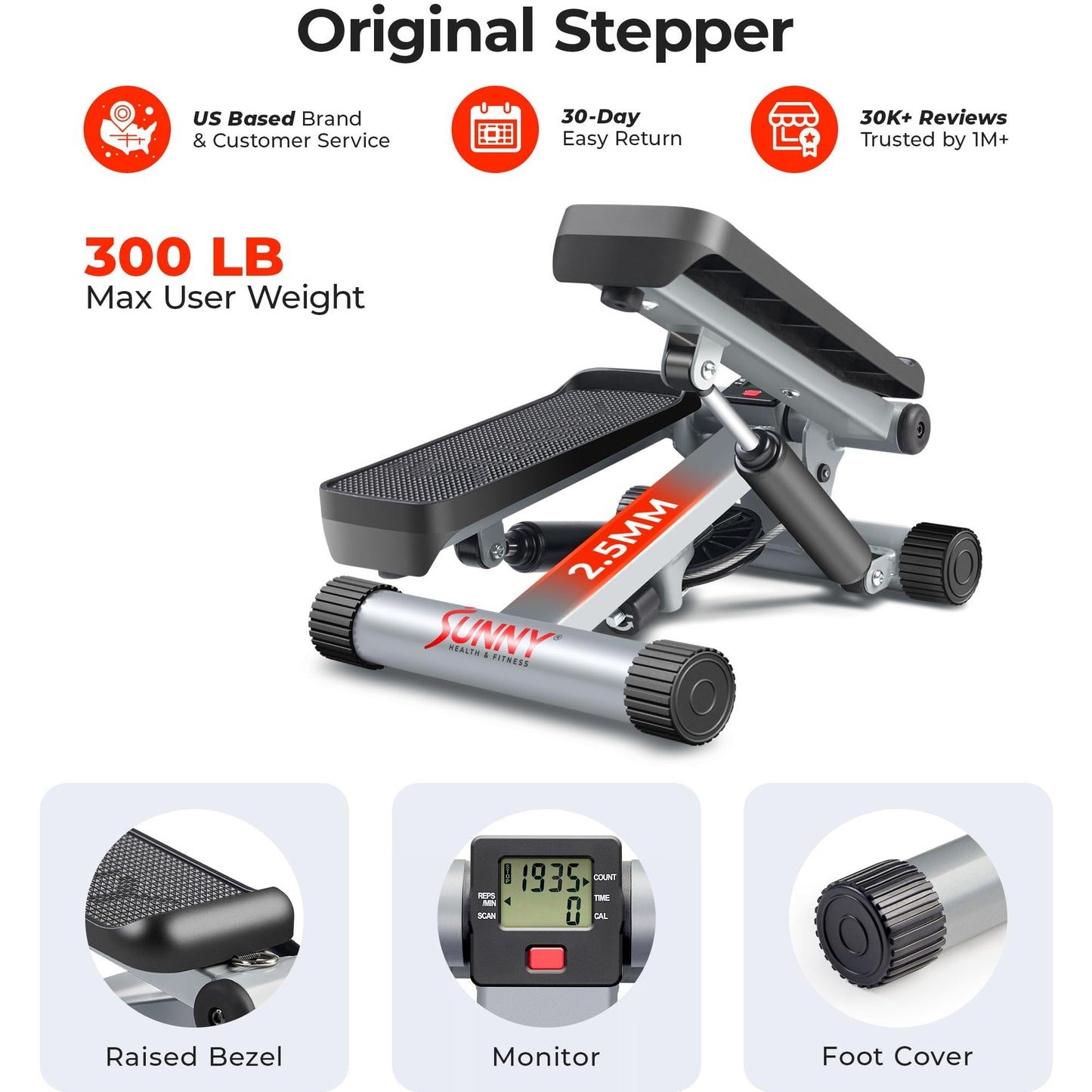 Sunny Health & Fitness Mini Steppers for Exercise at Home, Stair Step Workout Machine with Resistance Bands, Full Body Cardio Equipment with Digital Monitor - No. 012 -S