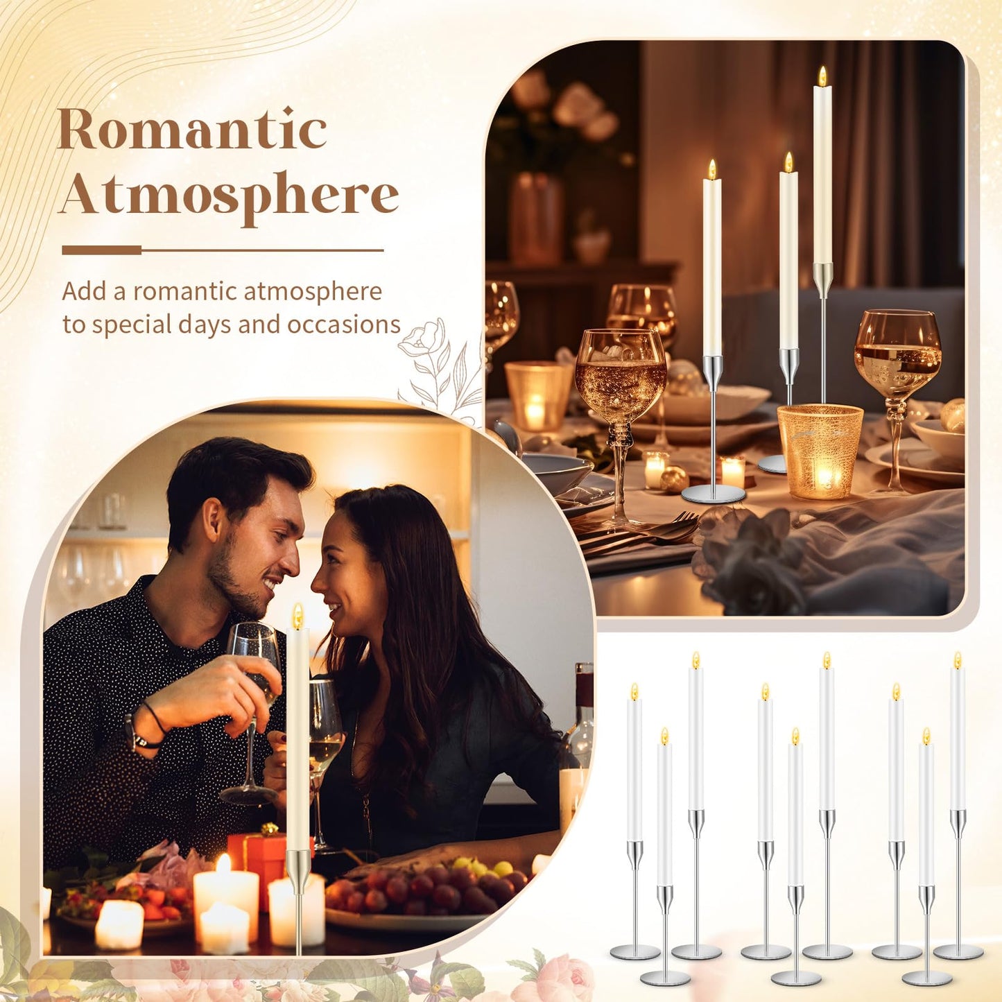 FillTouch 30 Pcs Silver Candlestick Holders with Flameless LED Candles Bulk Includes 15 Metal Candle Holders and 15 Battery Operated Taper Candles for Wedding Valentines Table Centerpieces Home Decor