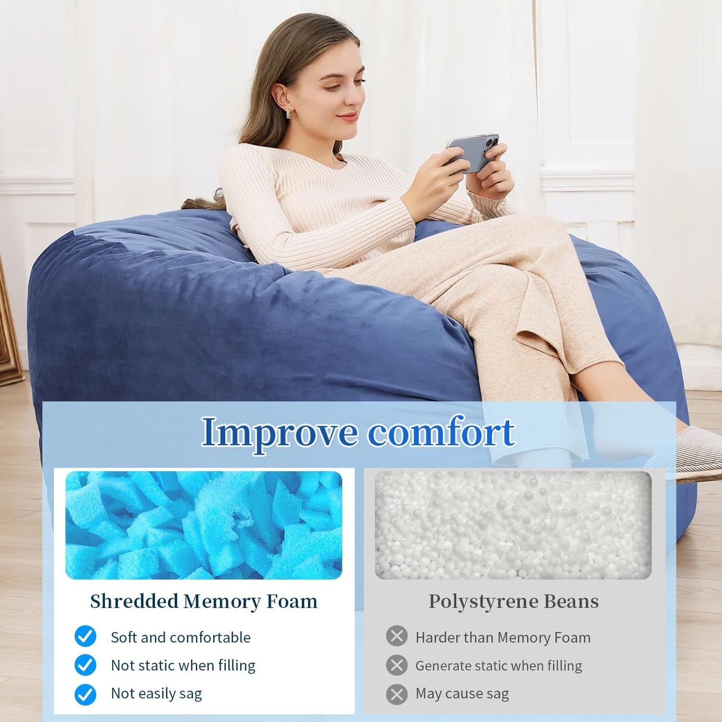 Jecqbor Bean Bag Filler, 40 lbs Shredded Memory Foam Filling, Soft Pillow Stuffing Bean Bag Refill Foam for Couch, Cushion, Stuffed Animals, Dog Bed, Arts Crafts