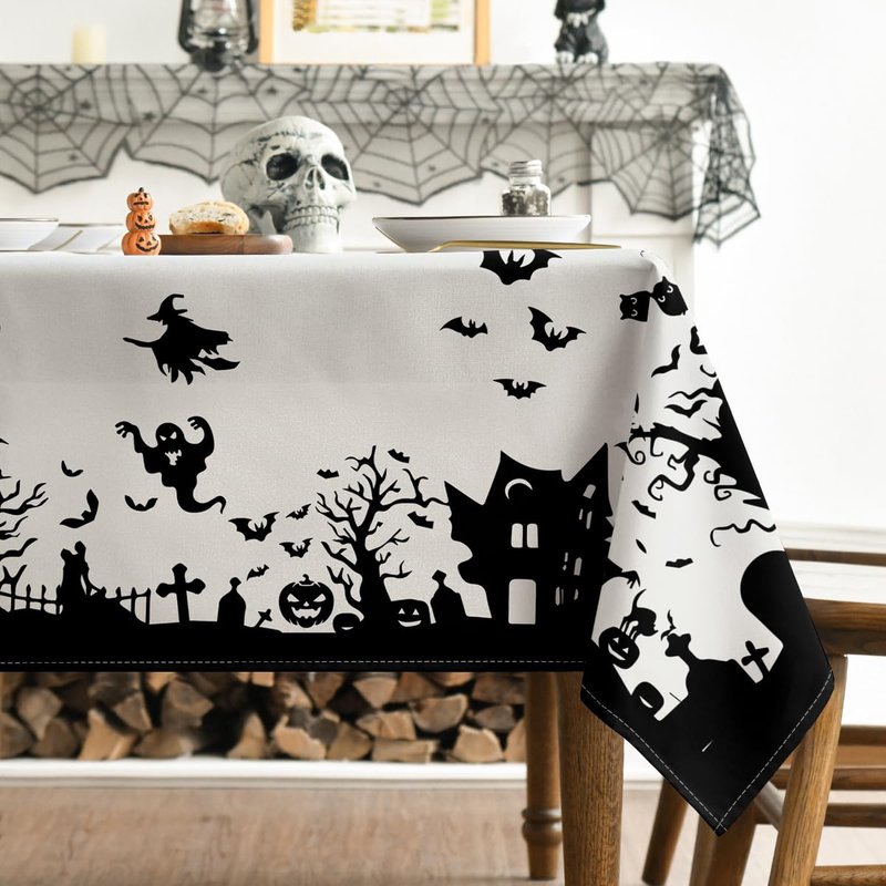 Horaldaily Halloween Tablecloth 52×70 Inch Rectangular, Castle Tree Scary Themed Washable Table Cover for Party Picnic Dinner Decor