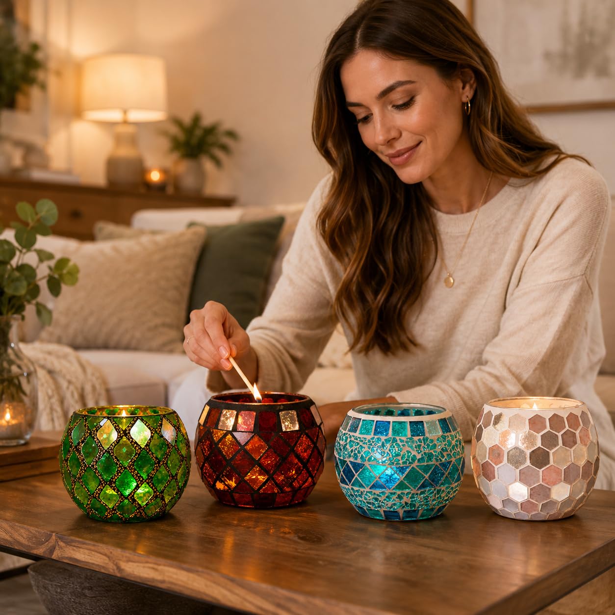 Votive Candle Holder Tea Lights - Glass Candle Holders, Mosaic Tealight Candle Holder, Candle Jar Cup for Wedding Centerpiece Party Table Decorations, Valentines Day Decor