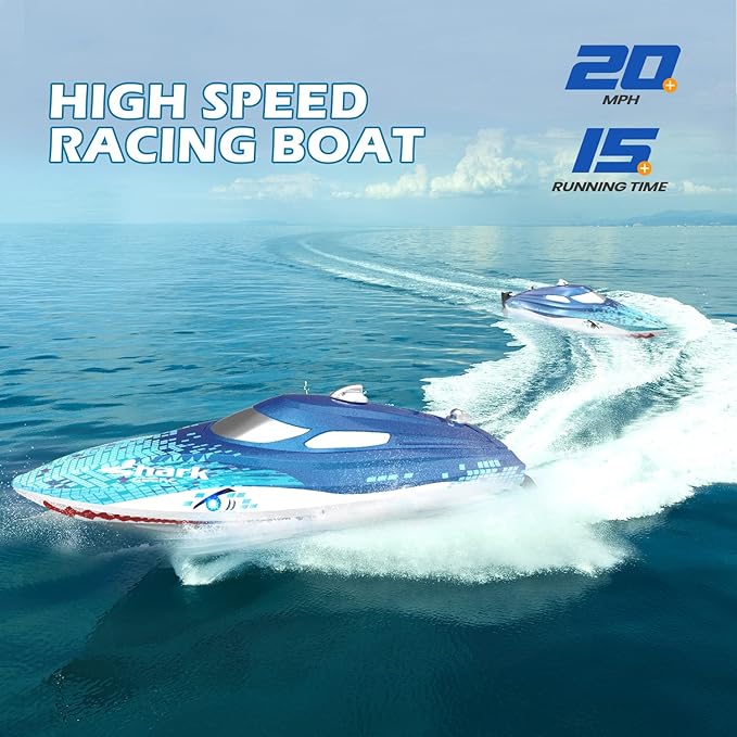 DEERC Full Proportional Remote Control Boat with LED Lights Shark Graffiti 20+ MPH2.4GHz High Speed RC Racing Boats for LakesPool Toys for Kids &amp Adults