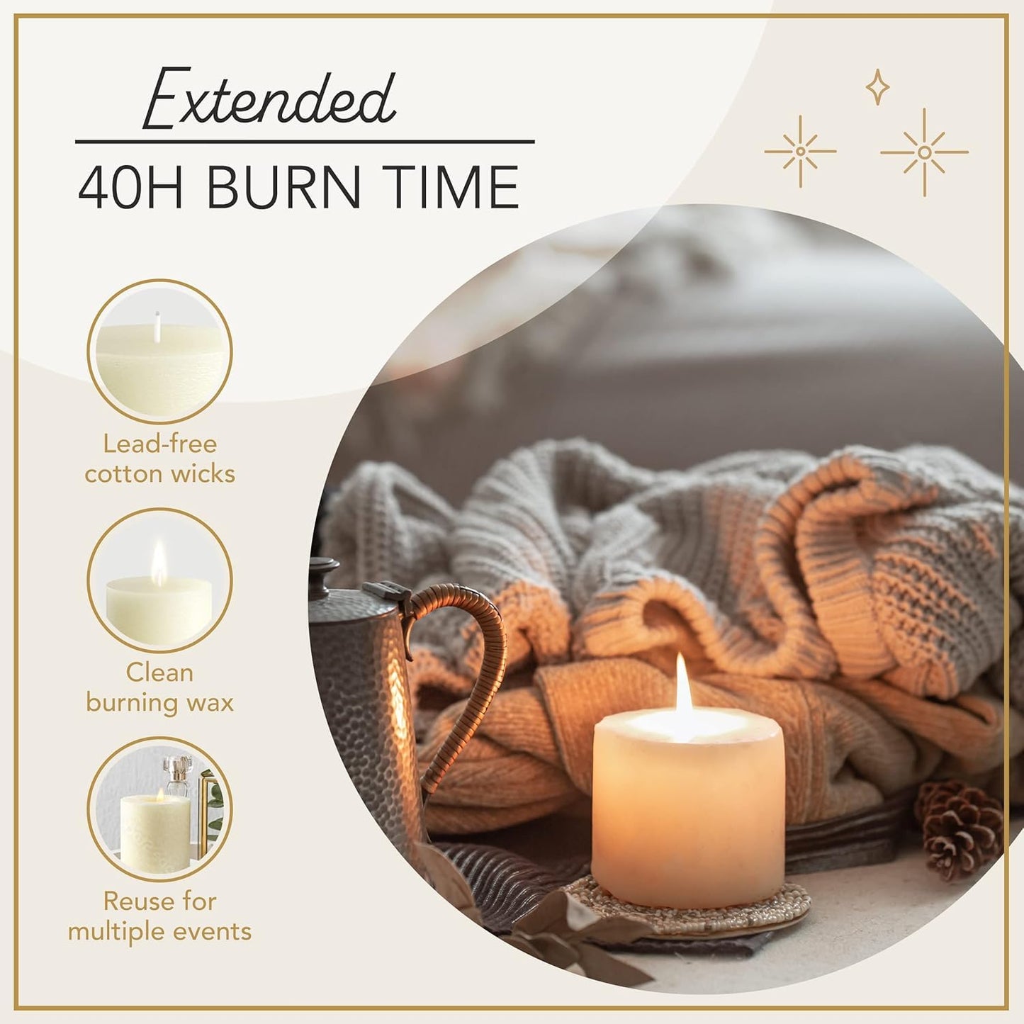 3 Pack Pillar Candles, Unscented Candles for Home, Church, Weddings Dinners and Home Decor, Dripless, Smokeless, and Clean-Burning (Ivory)
