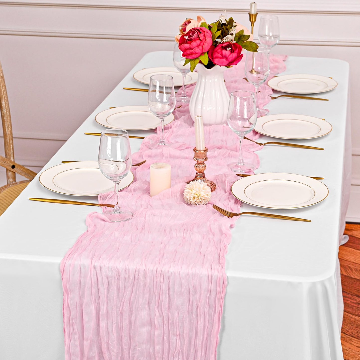 12 Pack Light Pink Cheesecloth Table Runner 35 x 70 Inch Gauze Cheese Cloth Table Runner, Boho Rustic Wedding Table Runner for Wedding Bridal Shower Graduation Party Banquet Table Decorations