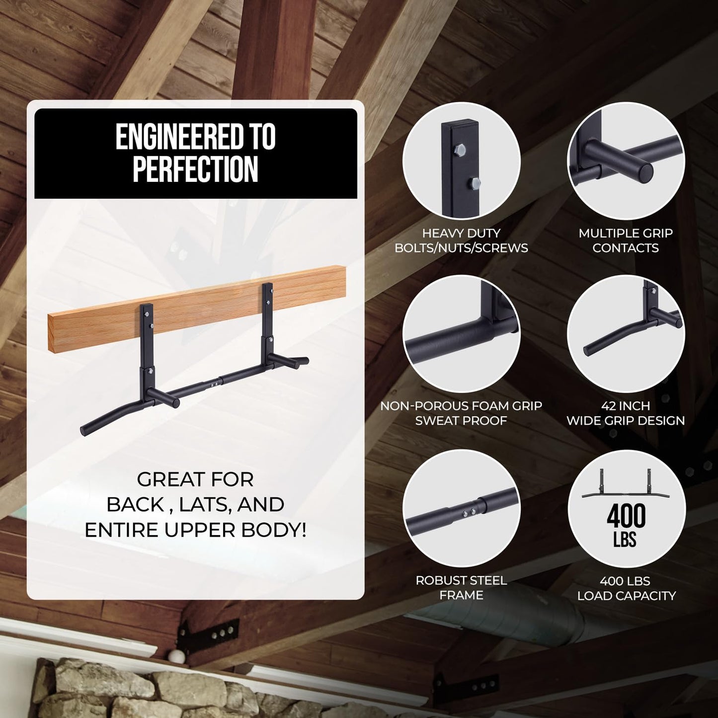AmStaff Fitness Joist Mount Pull Up Bar, Ceiling Mounted Chin Up Bar for Home Gym, Crossfit, Beam, Rafter - Heavy Duty, Multi Grip, 42" Wide, Maximum Head Clearance - TU038