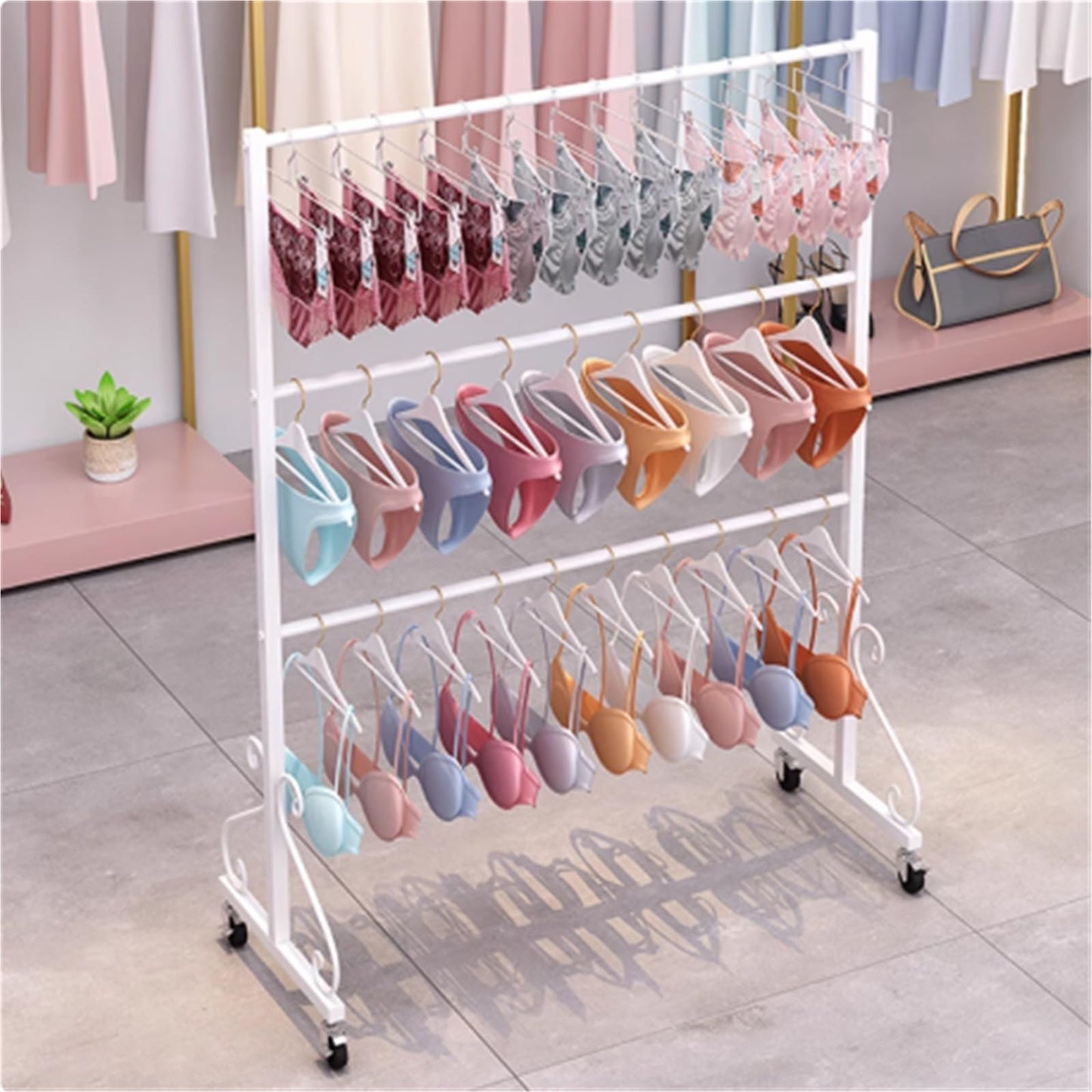3 Tier Underwear Display Stand, Anti-Slip, Lingerie Bra Rack with Wheels, Metal, Retail Showshelves, Commercial Clothing Store Shelf, for Shorts,Hats, Sock(Black,100 * 40 * 130cm)
