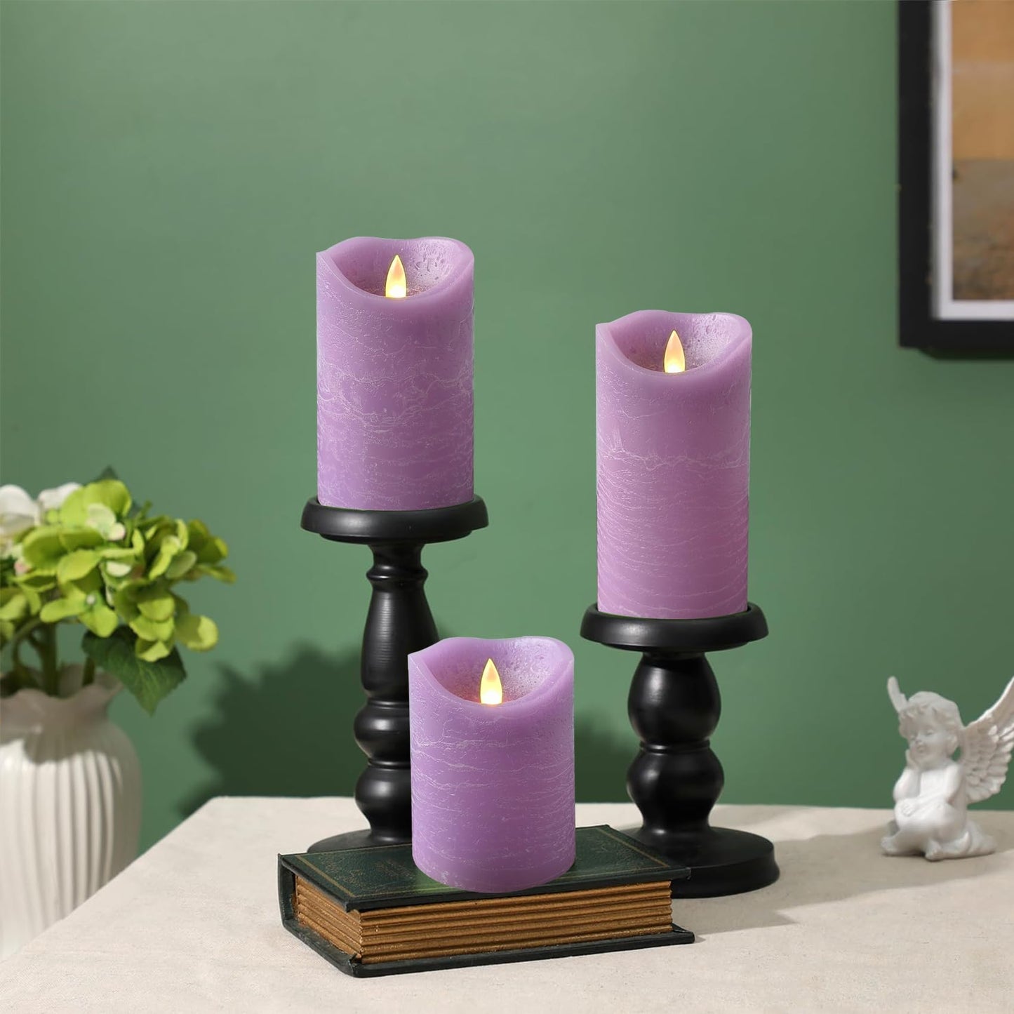 EZiKitchen Real Wax Flameless Candles Set of 3 (D 3" x H 4" 5" 6") Battery Operated LED Candle with Timer Home Decorative Pillar Flickering Lights,Wedding Party Events Decor,Purple